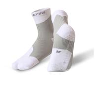 Wildarms Tabi - Calcetines deportivos antideslizantes para correr, senderismo, baloncesto, con cojín, para hombres y mujeres (FR/ES, Letras, S, Regular, Regular, Gris Blanco)