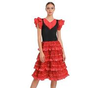 Wildarms Vestido Flamenca Mujer Disfraz Sevillana Traje Andaluz Cordobés con Volantes para Feria de Abril Sevilla Baile Flamenco Carnaval Halloween (FR/ES, Letras, S, Regular, Regular, Rojo+Negro)