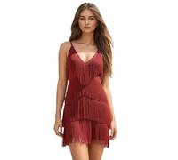 Wildarms Women Fringe Flapper Mini Dress Gatsby Dress Spaghetti Strap Tassel Dresses 1920s Dancing Disco Costume Rojo