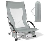 WildFun Silla de playa plegable baja, ligera y portátil, con respaldo alto, soporte para bebidas, soporta hasta 180 kg, para viajes, exteriores, barbacoas, pícnic, festivales (1 unidad, gris)