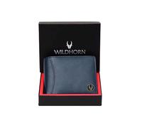 WildHorn Cartera de cuero de grano superior para hombre, 9 ranuras para tarjetas, 2 divisas y 2 compartimentos secretos, 1 cremallera y 3 ranuras para tarjetas de identificación, Azul marino, Clásico