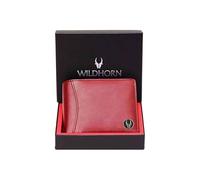 WildHorn Cartera de cuero de grano superior para hombre, 9 ranuras para tarjetas, 2 divisas y 2 compartimentos secretos, 1 cremallera y 3 ranuras para tarjetas de identificación, Rojo, Clásico