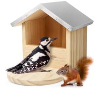 WILDLIFE HOME Comedero para pájaros grande y robusto, especialmente diseñado para pájaros grandes como pájaros carpinteros, urracas y ardillas, etc. De madera maciza con techo de metal, comedero,