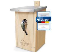 WILDLIFE HOME Nido con techo de metal según NABU de madera maciza para herrerillos azules, resistente a la intemperie, sin tratar, caja para pájaros, casa de pájaros para tetas, ayuda para anidar con