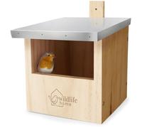WILDLIFE HOME Nido de pájaros para petirrojos, reyezuelos y semicuevas con techo de metal, según NABU, de madera maciza atornillada, resistente a la intemperie y sin tratar, casa para pájaros