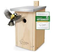 WILDLIFE HOME Nido para pájaros Meisen con techo de metal para herrerillos y compañía. Fabricado según NABU con madera maciza atornillada. Resistente a la intemperie y sin tratar. Casa de pájaros para