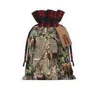 Wildlife Hunting Deer Bear Elk Printing Color Matching Plaid Christmas Bag with Drawstring For Christmas Birthdays Party 4.7x6.9 Inch