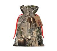 Wildlife Hunting Deer Bear Elk Printing Drawstring Christmas Bag with Kraft Tag 4.7x6.9 Inch For Halloween Wrapping Gifts