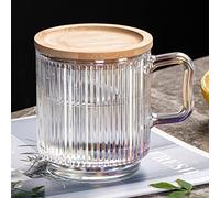 Wildnut Taza de cristal con tapa, tazas de café de vidrio iridiscente con rayas clásicas taza de té de cristal para jugo de chocolate con leche sin plomo con tapa de bambú, 12 onzas, apta para lavavajillas (iridiscente)