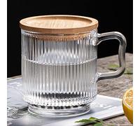 Wildnut Taza de vidrio con tapa, tazas de café de vidrio iridiscente con rayas clásicas taza de té de vidrio para café con leche y zumo de chocolate sin plomo con tapa de bambú, 12 onzas, apta para lavavajillas (vidrio)