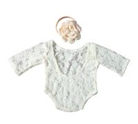 Wilgure Mono de flores de encaje y juego de bandas para el cabello para sesiones de fotos de bebé, accesorios de fotografía, traje para recién nacidos, accesorios de fotografía infantil