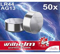 Wilhelm AG13 / V13GA Pila de botón LR44-165 mAh 1,5 V alcalina 357 LR1154 | Compatible con L1154 357 357A GPA76 V13GA; Capacidad 165 mAh; Dimensiones: 11,6 x 5,4 mm; se entrega a granel como mercancía
