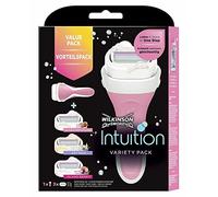 Wilkinson Sword Intuition PACK Variety Edition - Máquina de Afeitar Recargable Femenina de 4 Hojas con Jabón Hidratante + 3 Recambios de Cuchillas Autoadaptables , Kit Depilación de Mujer