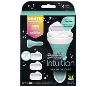 Wilkinson Sword Pack Intuition Sensitive Care - Maquinilla depilatoria y enjabonadora femenina Intuition + 3 cuchillas autoadaptables con cintas de seda hidratantes