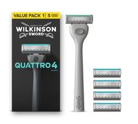 Wilkinson Sword Quattro Maquinillas de afeitar para hombre, Pack ahorro, 4 hojas con revestimiento de diamante, mango de maquinilla y 5 recambios de cuchilla