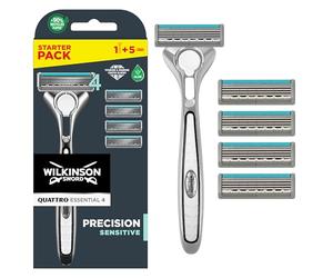 Wilkinson Sword Quattro Titanium Sensitive - Maquinilla de Afeitar con Hojas de Titanio para Hombre + 5 Recambios de Cuchillas de Afeitar de 4 Hojas más 1 Hoja de Precisión Adicional