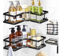 Wilkpow Estanteria Baño Sin Taladro, 4 Piezas Estante de ducha con Jabonera y 20 Gancho, Cesto de Ducha Inoxidable de Esquina para Montar en la Pared para Afeitadora, Champú, Toalla,Gel de Baño- Negro