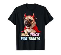 Will Trick for Treats. Divertido Perro Carlino Halloween Diablo Costum Camiseta