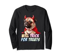 Will Trick for Treats. Divertido Perro Carlino Halloween Diablo Costum Manga Larga