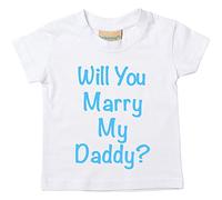 Will you marry My Daddy? Camiseta de color blanco azul texto para bebé disponible en tamaños 0 - 6 meses a 14 - 15 años Propuesta blanco blanco Talla:0-6 meses