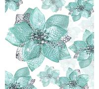 WILLBOND 36 Piezas Flores Poinsettia Artificiales Brillantes de Navidad, Decoraciones y Adornos de Año Nuevo, Árbol de Navidad, Boda (Azul Verde)