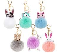 WILLBOND 6 Piezas Animal Lindo Llavero Pom Pom Llave Esponjosa de Piel Sintética Anillo para Mujeres Niñas