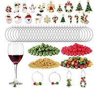 WILLBOND 670 piezas de dijes de copa de vino de Navidad, varios esmaltados, colgantes de copa de vino, anillos de campanas de Navidad, cuentas doradas, cuentas rojas y verdes para marcadores de copa