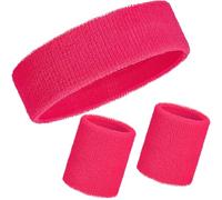 WILLBOND Juego de 3 bandas para el sudor, incluye diadema deportiva y muñequeras de algodón a rayas para hombres y mujeres atléticos (rojo rosa, estilo sólido)