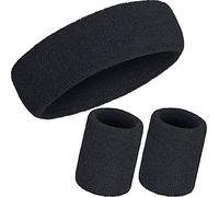 WILLBOND Juego de 3 Piezas de Muñequeras, Incluye Diadema Deportiva y Muñequera de Pulsera de Algodón de Rayas Banda de Sudor para Atléticos Hombres y Mujeres (Negro)