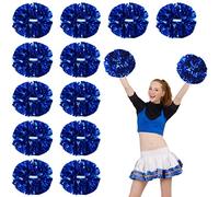 WILLBOND Paquete de 12 pompones de animadora con asa de bastón, anillo de plástico, pompones de aluminio metálico para niños, adultos, equipo de espíritu, fiesta, baile, animador, accesorios de escuadrón de animación, 13.4 pulgadas (azul)