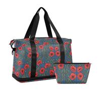 William Morris Red Alabia Poppy Bolsa de mano de viaje con bolsillo húmedo correa ajustable, bolsa de gimnasio para trekking, juego de 2 piezas para hombres y mujeres