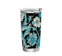 William Morris - Taza de café de acero inoxidable con tapa, diseño de flor verde azulado, taza de viaje de 20 onzas para el hogar, la oficina o el coche, vaso moderno de 20 onzas