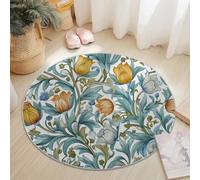 William Morris Tulipanes Jardín Alfombra Redonda 60 Cm Blanco Lavable A Máquina Alfombra Antideslizante para Dormitorio Sala De Estar Cocina Decoración del Hogar