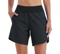 WILLIT Bañador para mujer, bañador de secado rápido, pantalones cortos de verano, cintura alta, UPF50+ protección UVA, 7 pulgadas, con bolsillos, Negro , 42