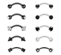 WillTen 10 piezas de piercings verticales para labio, cejas, piercing de cejas, barra curvada, anillo para cejas, labio, daith, hélice, caracola, joyería para mujer, color plateado y negro, 8mm, Acero