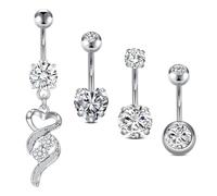 WillTen 14G Piercing Ombligo de Acero Inoxidable 316L, 4PCS 10mm Ombligo Piercing Set con Dangly/Corazón/Forma Redonda, Barra Barriga Barbell Joyería para Mujeres Niñas, Plata