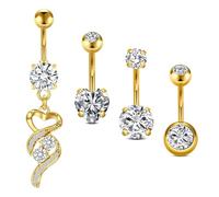 WillTen 14G Piercing Ombligo de Acero Inoxidable 316L, 4PCS 10mm Ombligo Piercing Set con Dangly/Corazón/Forma Redonda, Barra Barriga Barbell Joyería para Mujeres Niñas, Oro