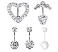 WillTen 14G Plata Piercing Ombligo Invertida Piercing Vientre Acero Inoxidable 10MM Piercing Ombligo Mujer Corazón Diamante Joyería Piercing