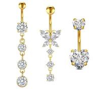 WillTen 3 barras colgantes para ombligo, 14 g, 10 mm, acero quirúrgico, barra de ombligo de oro plateado, mariposa, corazón, joyería para mujeres y niñas, Metal