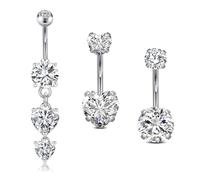 WillTen 3 barras colgantes para ombligo, 14 g, 10 mm, acero quirúrgico, barra de ombligo de oro plateado, mariposa, corazón, joyería para mujeres y niñas, Acero inoxidable, circonita cúbica