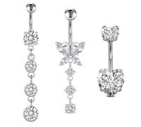 WillTen 3 barras colgantes para ombligo, 14 g, 10 mm, acero quirúrgico, barra de ombligo de oro plateado, mariposa, corazón, joyería para mujeres y niñas, Acero inoxidable, circonita cúbica