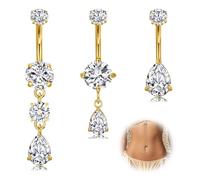 WillTen 3 barras de ombligo de acero inoxidable de 14 g, 10 mm, oro y plata, piercing para ombligo para mujer, circonita cúbica transparente, colgante de corazón, Acero inoxidable