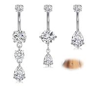 WillTen 3 barras de ombligo de acero inoxidable de 14 g, 10 mm, oro y plata, piercing para ombligo para mujer, circonita cúbica transparente, colgante de corazón, Acero inoxidable