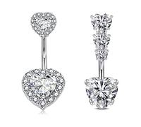 WillTen Barra de ombligo plata 14G, 10 mm, acero inoxidable, corazón brillante, diamante, circonita cúbica, piercing ombligo, barra curvada Bananabells, juego de 2 piezas