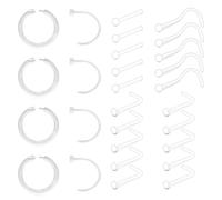 WillTen Juego de 20 piercings transparentes para nariz, 28 unidades, para la escuela, plano, 20 g, retenedores transparentes para nariz, tabique, tragus, cartílago, hélice, hélice, Plástico