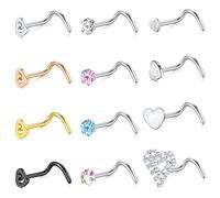 WillTen Piercing Nariz Piercing Mujer 20G Nariz Screw Diamante CZ Corazón Acero Inoxidable Piercing Joyería 12Piezas