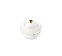 Wilmax - Azucarero de porcelana con patrón dorado, 340 ml, blanco, espacioso dispensador de azúcar con tapa, lata, accesorios de cocina