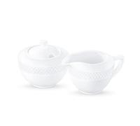 Wilmax | Azucarero + Juego de jarra de leche | 2 piezas | Recipiente para leche y azúcar de porcelana | Blanco | Dispensador de azúcar con tapa | Apto para lavavajillas | Servicio de café para leche,