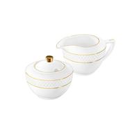 Wilmax - Azucarero + Juego de jarra de leche - 2 piezas - Recipiente para leche y azúcar de porcelana con patrón dorado - Blanco - Dispensador de azúcar con tapa - Servicio de café para leche, café y