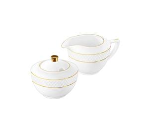 Wilmax - Azucarero + Juego de jarra de leche - 2 piezas - Recipiente para leche y azúcar de porcelana con patrón dorado - Blanco - Dispensador de azúcar con tapa - Servicio de café para leche, café y